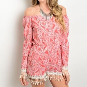 See You Monday Rust Red Paisley Off The Shoulder Romper.